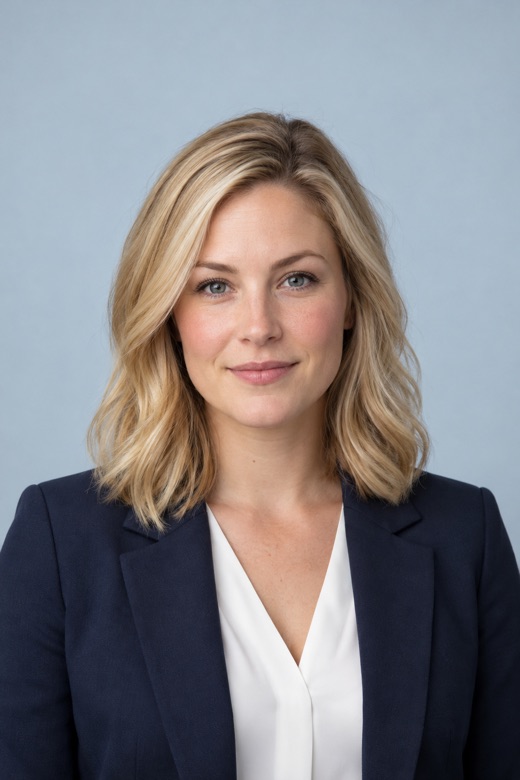 AI-generated fictional white blonde professional woman on a clean background