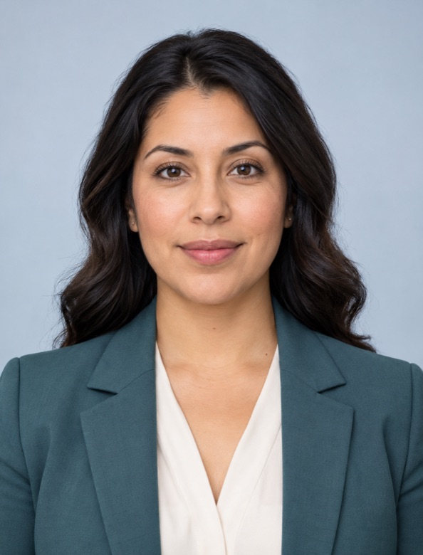 AI-generated fictional Latina professional woman with even facial lighting
